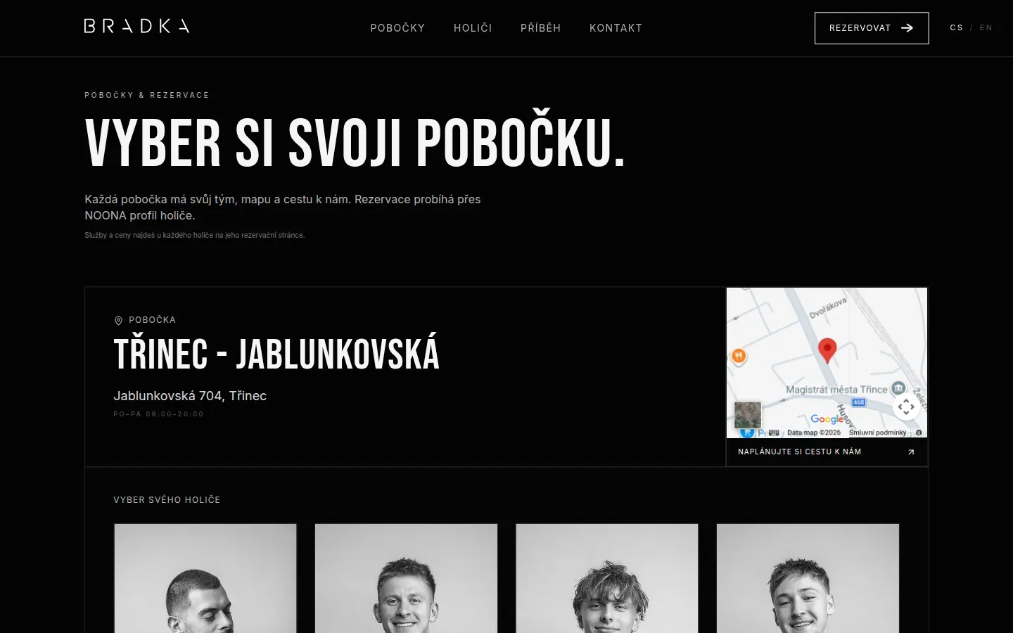 Výběr pobočky na novém webu Bradky